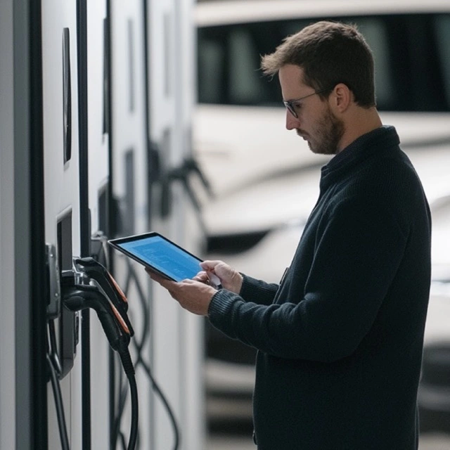 a man with a tablet standing by a charger