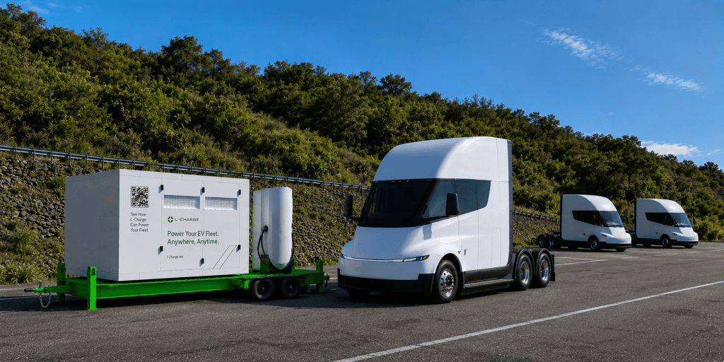 L-Charge integrated system with a Tesla Basecharger and electric semi trucks