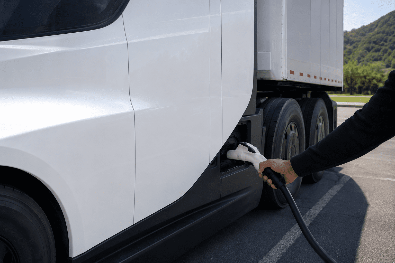 Plugging a charger into a Tesla Semi