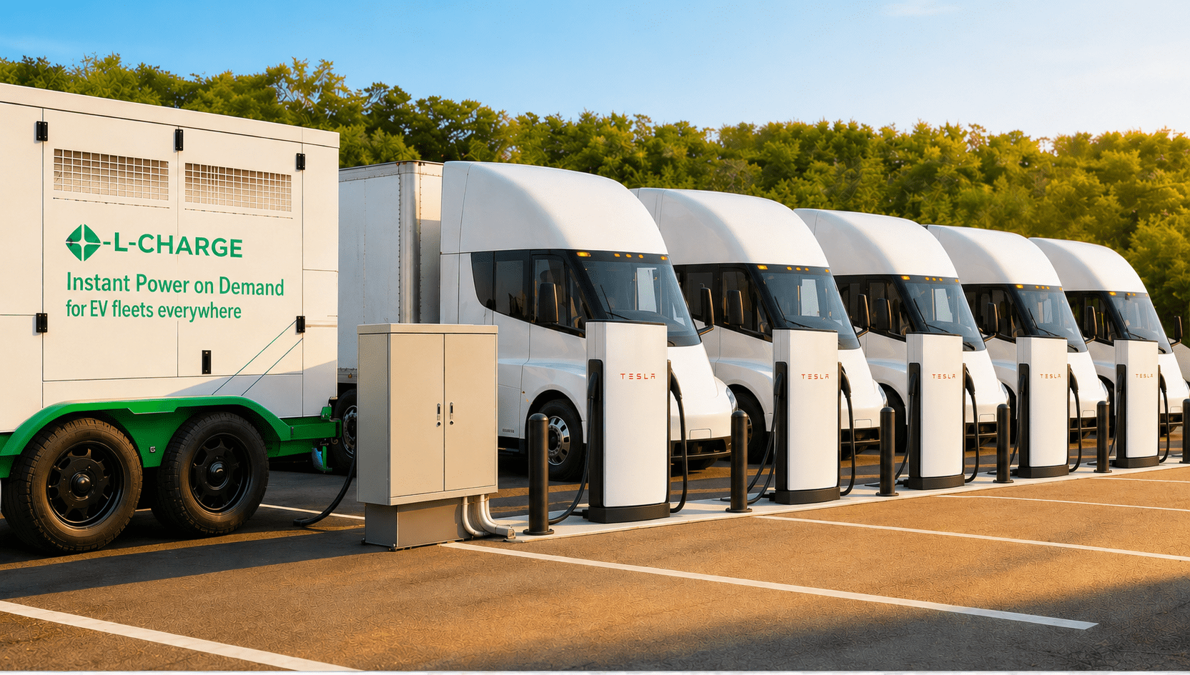 A fleet of Tesla Semis charging with an L-Charge unit