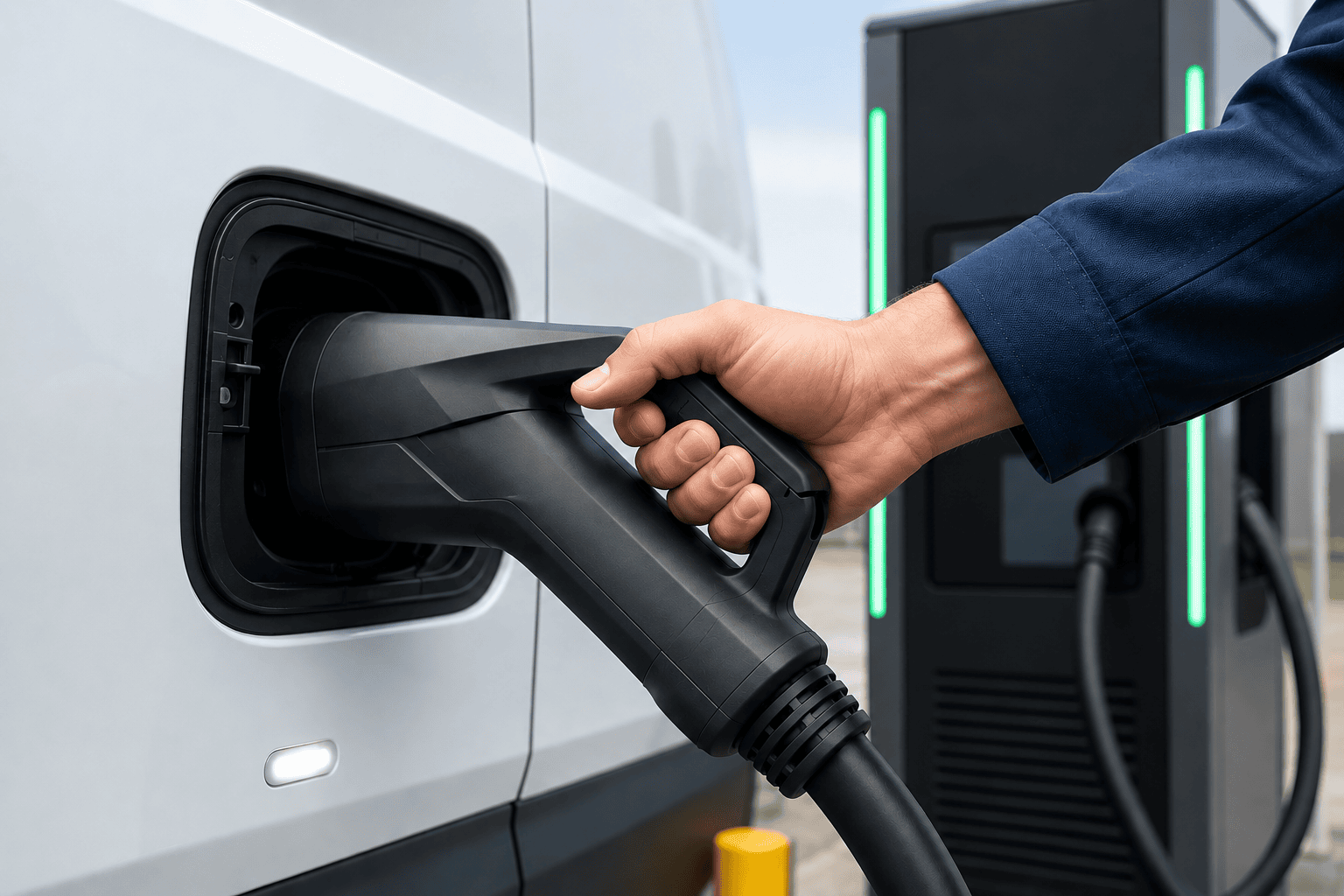 Hand plugging a charger into a Tesla Semi